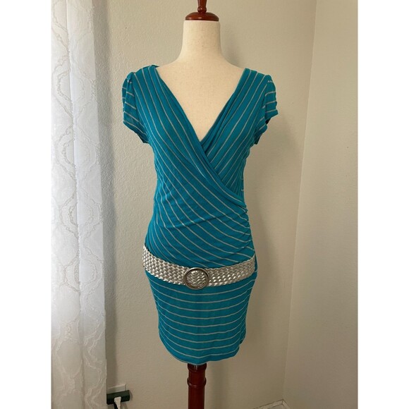Vintage Deb Y2K Bodycon Dress Size Large Drop Waist Blue Striped Wrap Belted - Picture 1 of 9